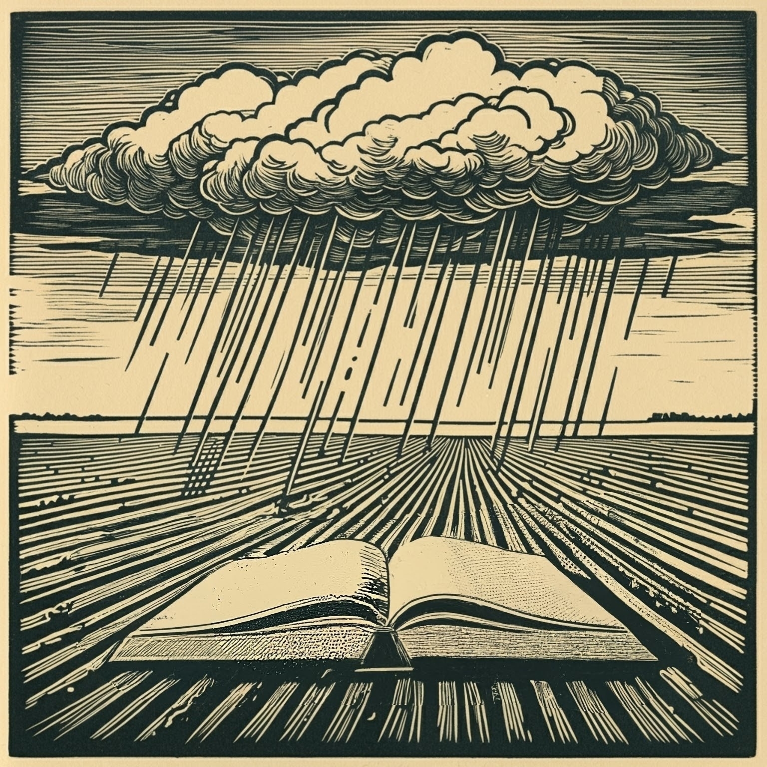 Auto-generated description: An open book lies on the ground as rain falls from a large, dark cloud overhead.