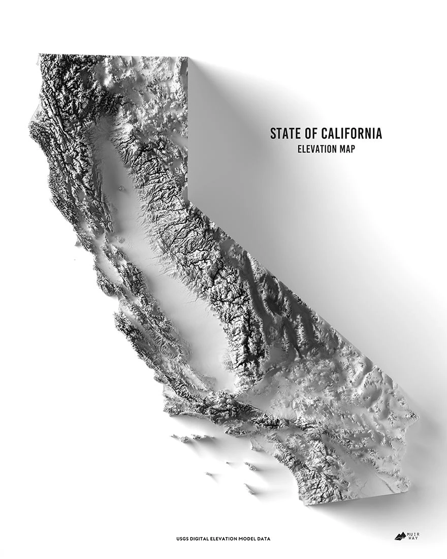 Auto-generated description: A detailed elevation map of California shows the state's topographical features in grayscale relief.