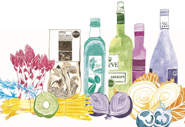 Auto-generated description: A colorful watercolor illustration depicts various food items and bottles, including pasta, vegetables, and drinks.