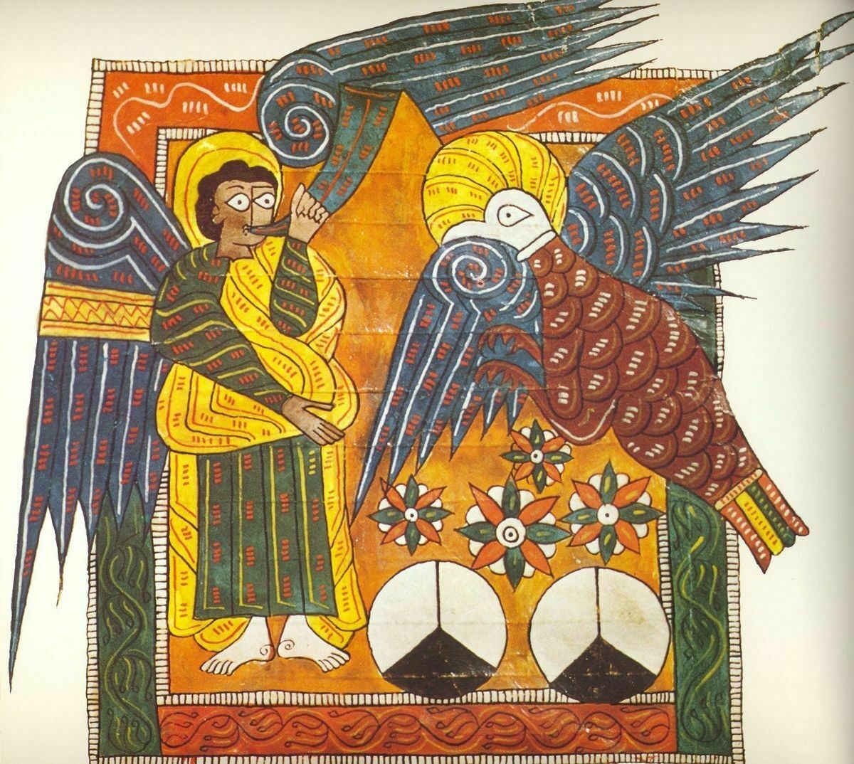 Auto-generated description: A colorful, stylized depiction of an angel interacting with a winged figure, surrounded by intricate patterns and symbolic elements.