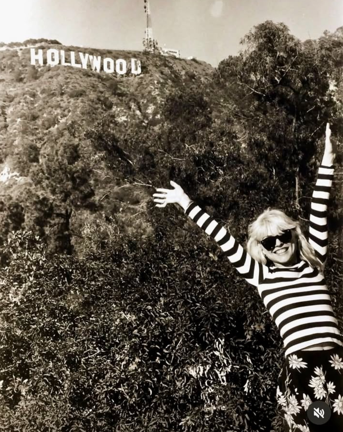 Auto-generated description: Deborah Harry of the band Blondie wearing a striped shirt and floral pants joyfully poses with arms raised in front of the Hollywood sign, surrounded by trees.